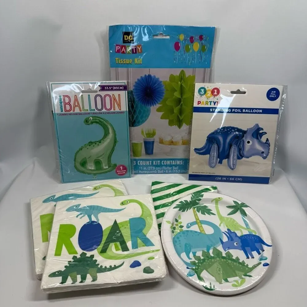 D26  Party Decorations- 7 piece ROAR dinosaur party decor, plates, napkins and D